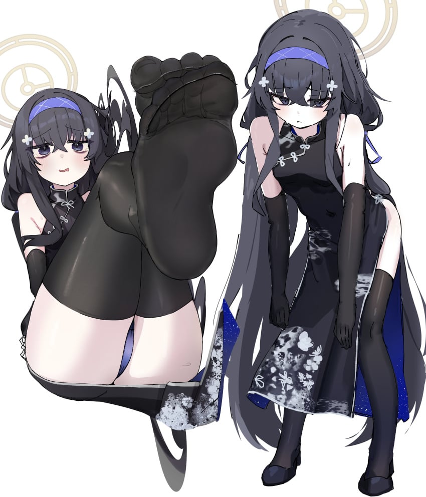 ass bags_under_eyes bent_over black_hair black_thighhighs blue_archive blue_panties blush china_dress feet feet_focus female foot_focus halo hips kilabo legs_up long_black_hair long_hair pale_skin panties quipao thighhighs thighs ui_(blue_archive)