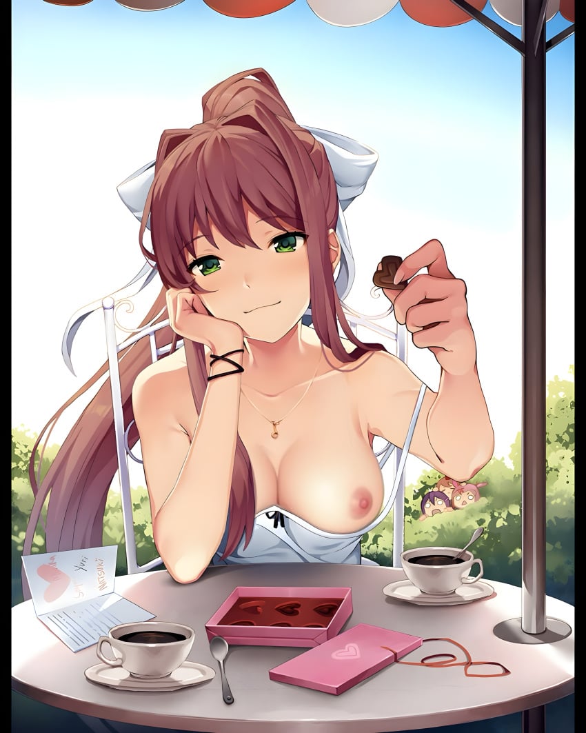 armband breasts_out brown_hair censorkiller chocolate coffee date doki_doki_literature_club dress green_eyes hair_ribbon hiding monika_(doki_doki_literature_club) necklace nsfw smiling umbrella valentine's_day