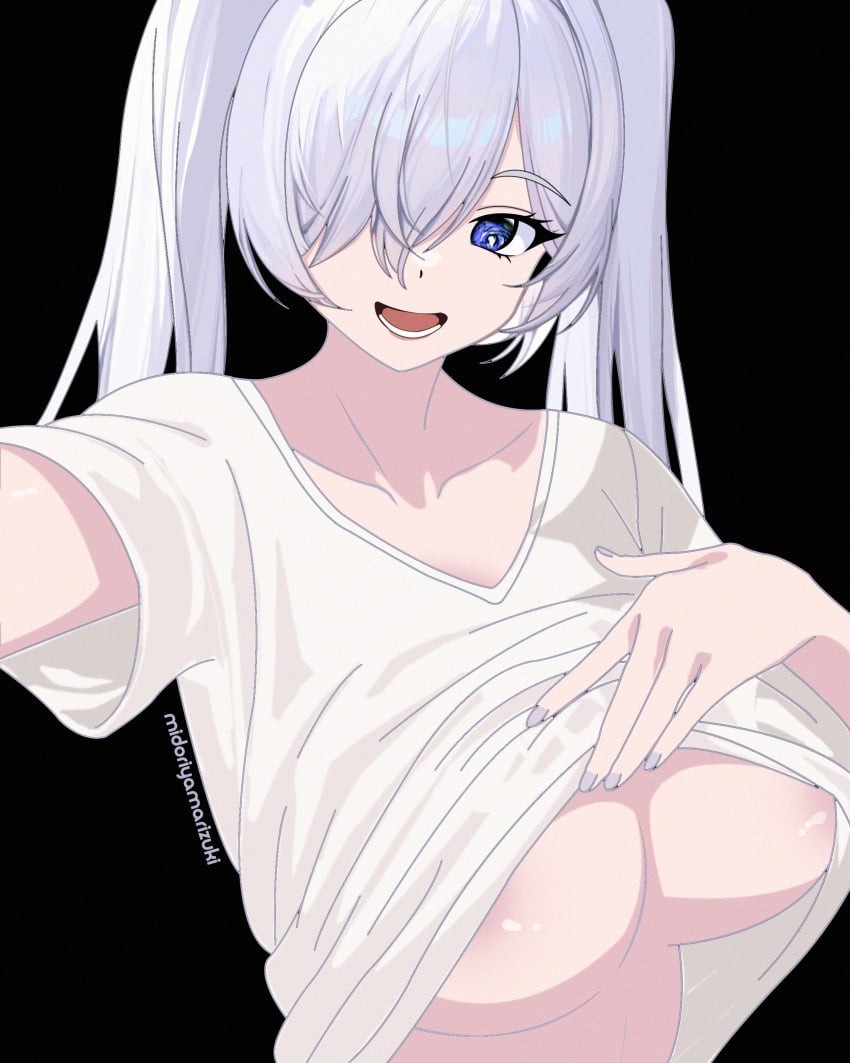 1girls areola_slip blue_eyes breasts cinderella_(nikke) goddess_of_victory:_nikke hi_res kiki_dailami large_breasts lifted_by_self long_hair looking_at_viewer nail_polish no_bra selfie shirt_lift solo solo_female twintails underboob white_hair white_shirt