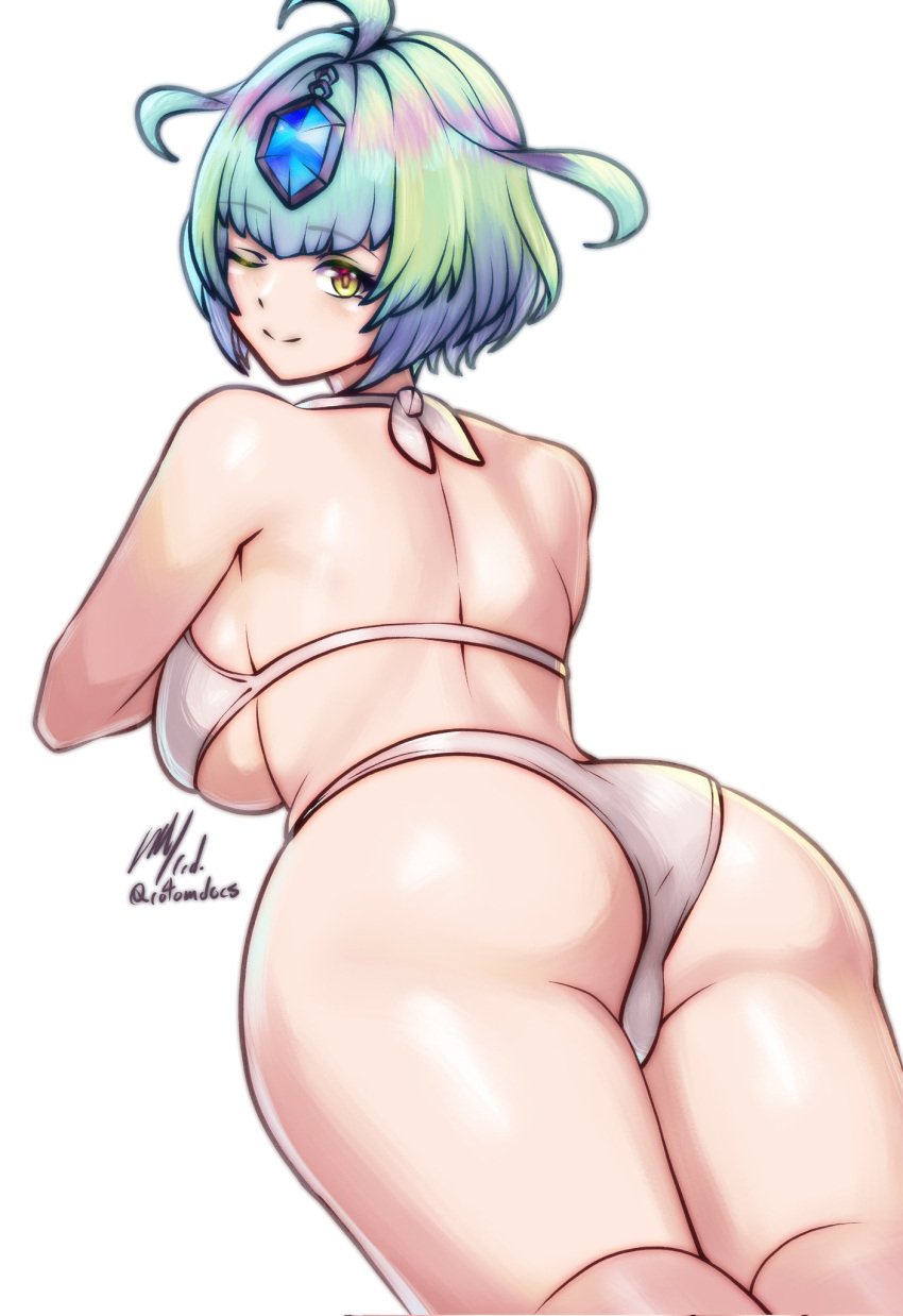 ;) alternate_costume ass back bare_shoulders bikini breasts closed_mouth female fire_emblem fire_emblem_heroes gradient_hair green_hair grey_hair halterneck highres large_breasts looking_at_viewer looking_back lying multicolored_hair on_stomach one_eye_closed purple_hair rotomdocs seidr_(fire_emblem) short_hair sideboob skindentation smile solo string_bikini swimsuit the_pose twitter_username underboob white_background white_bikini yellow_eyes