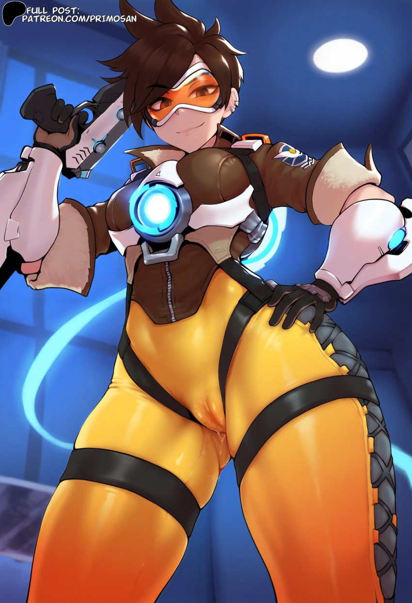 ai_generated blizzard_entertainment breasts from_below glasses hand_on_hip hi_res highres jacket large_ass large_breasts leggings legs_apart looking_at_viewer overwatch primosan pussy pussy_juice short_hair smile standing tracer wide_hips