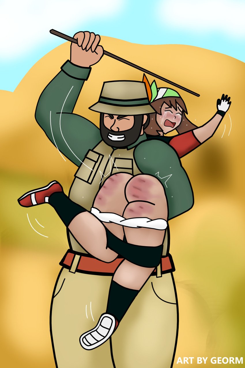 1girls 1male ass ass_focus brown_hair butt_focus caning georm hiker_(pokemon) may_(pokemon) may_(pokemon_emerald) pokemon pokemon_rse punishment punishment_spanking spanking whipping