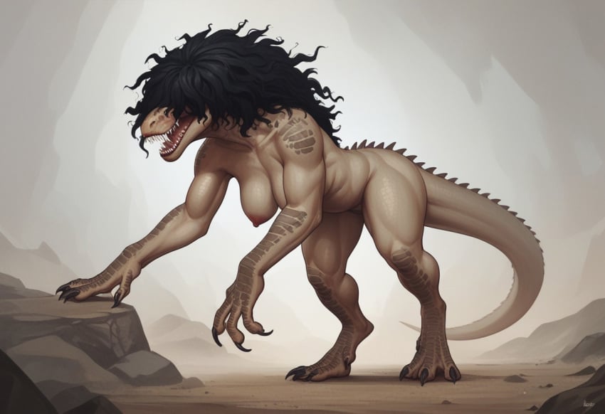 1girls ai_generated all_fours athletic black_hair civitai clawed_feet clawed_fingers claws color digitigrade dinosaur fangs female feral frizzy_hair green_skin hair_covering_eyes hair_over_eyes hanging_breasts jimojo lizard long_hair long_tail messy_hair monster muscular_thighs nipples open_mouth paws pony_diffusion_xl quadruped reptile reptile_humanoid scales scalie snout spines tail tan_skin toned