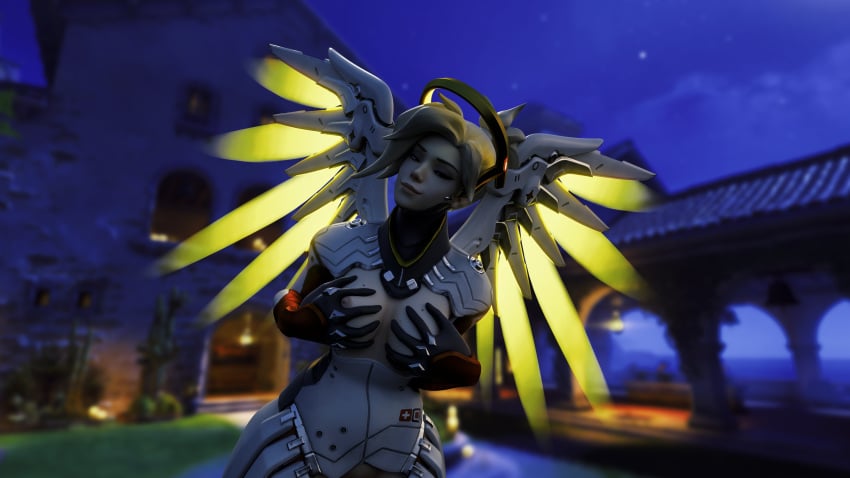 3d blender blender_(software) breast_grab breasts dorado_(map) mercy nipples outside overwatch