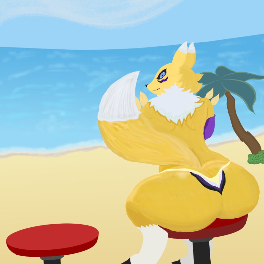 ambiguous_gender anthro armwear ass beach bikini blue_eyes bubble_butt cel_shading digimon ears_up furry lgbt_pride looking_back markings neck_tuft nonbinary_pride_colors palm_tree picothetrap redraw renamon sitting slit_pupils stool wallpaper yellow_fur