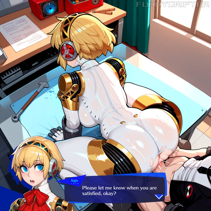 1boy 1girls ai_generated aigis_(persona) android blonde_hair blue_eyes doggy_style funnygrifter headband headgear indoors makoto_yuki on_table penis persona persona_3 ribbon robot robot_girl robot_humanoid robot_joints sex sex_from_behind short_hair text_bubble vaginal_penetration vaginal_sex white_body