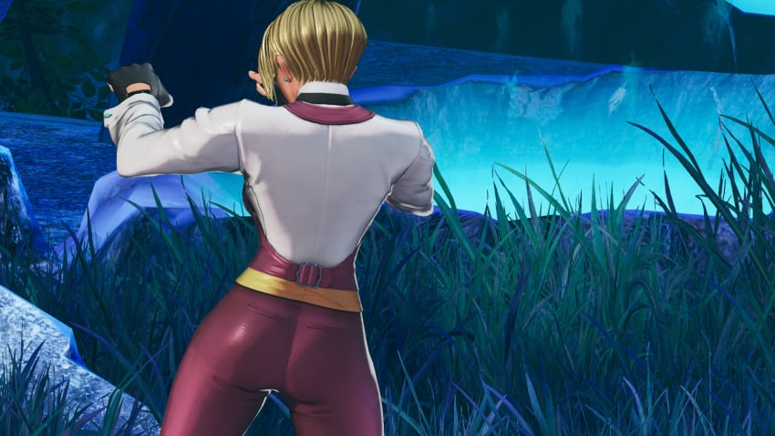 1girls ass big_ass blonde_hair earrings female from_behind gloves king_(snk) king_of_fighters leather light-skinned_female light_skin long_sleeves outdoors outside shirt short_hair voluptuous voluptuous_female white_shirt wide_hips