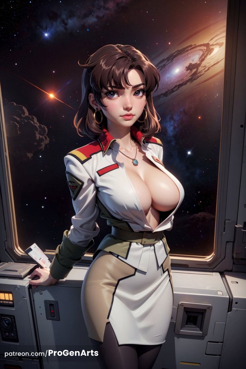 1girls ai_generated artist_name belt black_pantyhose breasts brown_hair cleavage closed_mouth earrings earth_\(planet\) gundam gundam_seed gundam_seed_destiny gundam_seed_freedom hi_res holding jacket jewelry large_breasts lips long_sleeves looking_at_viewer makeup military military_uniform mobile_suit_gundam mole murrue_ramius necklace no_bra open_clothes open_shirt pantyhose patreon_username pencil_skirt phone planet progenarts red_lips shirt short_hair skirt sky solo space standing star_\(sky\) starry_sky uniform web_address white_shirt