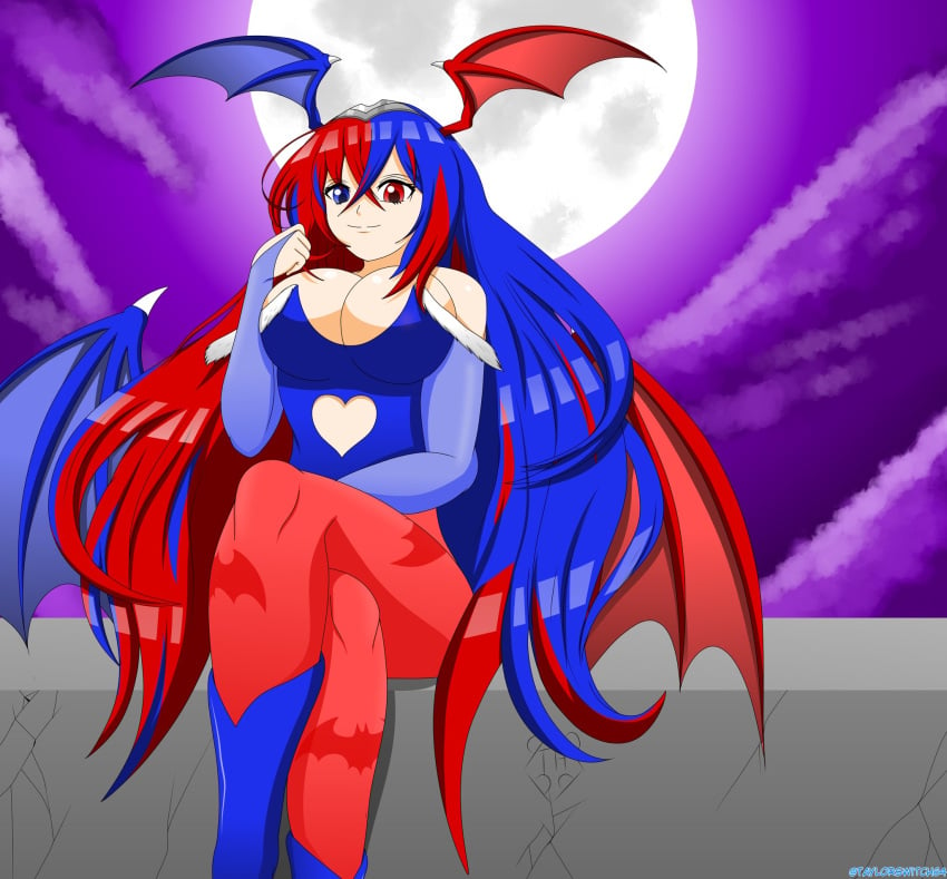 alear_(female)_(fire_emblem) alear_(fire_emblem) bat_wings big_sister blue_eyes blue_hair boots breasts capcom cleavage cosplay crossed_legs darkstalkers dual_colored_hair female fire_emblem fire_emblem_engage fire_emblem_heroes heterochromia large_breasts leotard long_hair looking_at_viewer moon morrigan_aensland morrigan_aensland_(cosplay) night nintendo pantyhose red_eyes red_hair sitting smile solo succubus taylor_hall taylorswitch64 tiara vampire_(game) wings