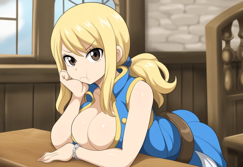 ai_generated blonde_female blonde_hair bored bored_expression cleavage fairy_tail female large_breasts lucy_heartfilia mullon novelai