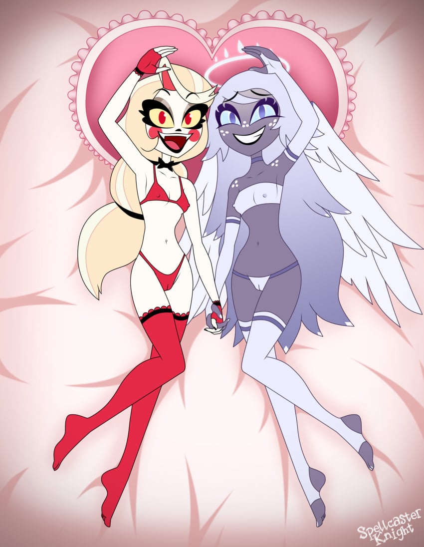 2girls angel angel_wings arm_over_head barefoot blonde_female blonde_hair blonde_hair blonde_hair_female blue_eyes blue_sclera charlie_morningstar charlie_morningstar_(hazbin_hotel) crown demon_girl emily_(hazbin_hotel) feet feet fingerless_gloves gloves green_skin grey_body grey_hair hand_holding hand_over_head hazbin_hotel lingerie long_gloves long_hair looking_at_viewer on_back on_bed open_mouth pale-skinned_female pale_skin pin-up pin_up pinup posing posing_for_the_viewer red_eyes slim_girl smile smiley_face smiling smiling_at_viewer solo_female spellcaster_knight stockings wings yellow_sclera