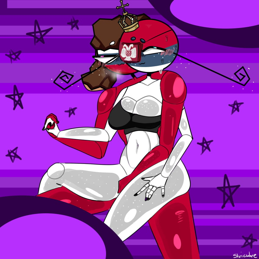 breasts countryhumans crown no_pants purple_background russia_(countryhumans) serbia_(countryhumans) thick_thighs ushanka