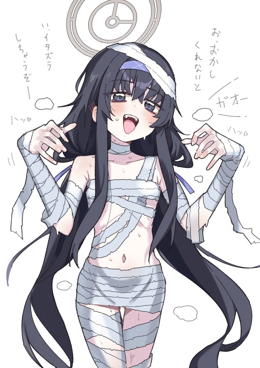 bags_under_eyes belly_button blue_archive blush fangs halloween kilabo looking_at_viewer midriff mummy mummy_costume open_mouth sweat ui_(blue_archive) young