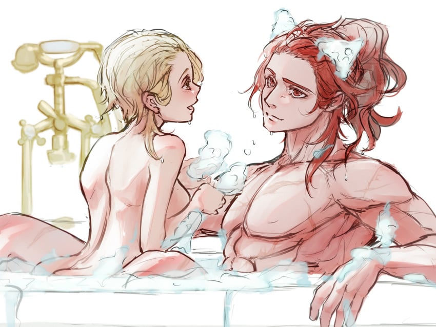 1boy 1girls bathing bathtub blonde_female blonde_hair diluc_(genshin_impact) diluc_(red_dead_of_night)_(genshin_impact) female genshin_impact long_hair_male lumine_(genshin_impact) male male/female mixed_bathing muscular_male nude red_eyes red_hair root_(050710root) shirtless short_hair_female straight topless washing washing_another