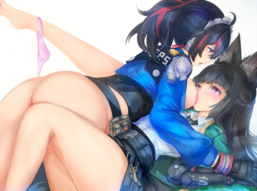 2girls animal_ears ass black_gloves black_necktie blue_jacket blunt_bangs blush breast_sucking breasts cowgirl_position eye_contact fox_ears fox_girl gloves green_jacket hair_between_eyes highres hoshimi_miyabi jacket large_breasts leg_up looking_at_another lying multicolored_hair multiple_girls necktie nipples open_mouth orange_hair panties pink_panties ponytail shirt sideboob sidelocks simple_background streaked_hair suterisu two-tone_hair underwear white_background white_shirt yuri zenless_zone_zero zhu_yuan