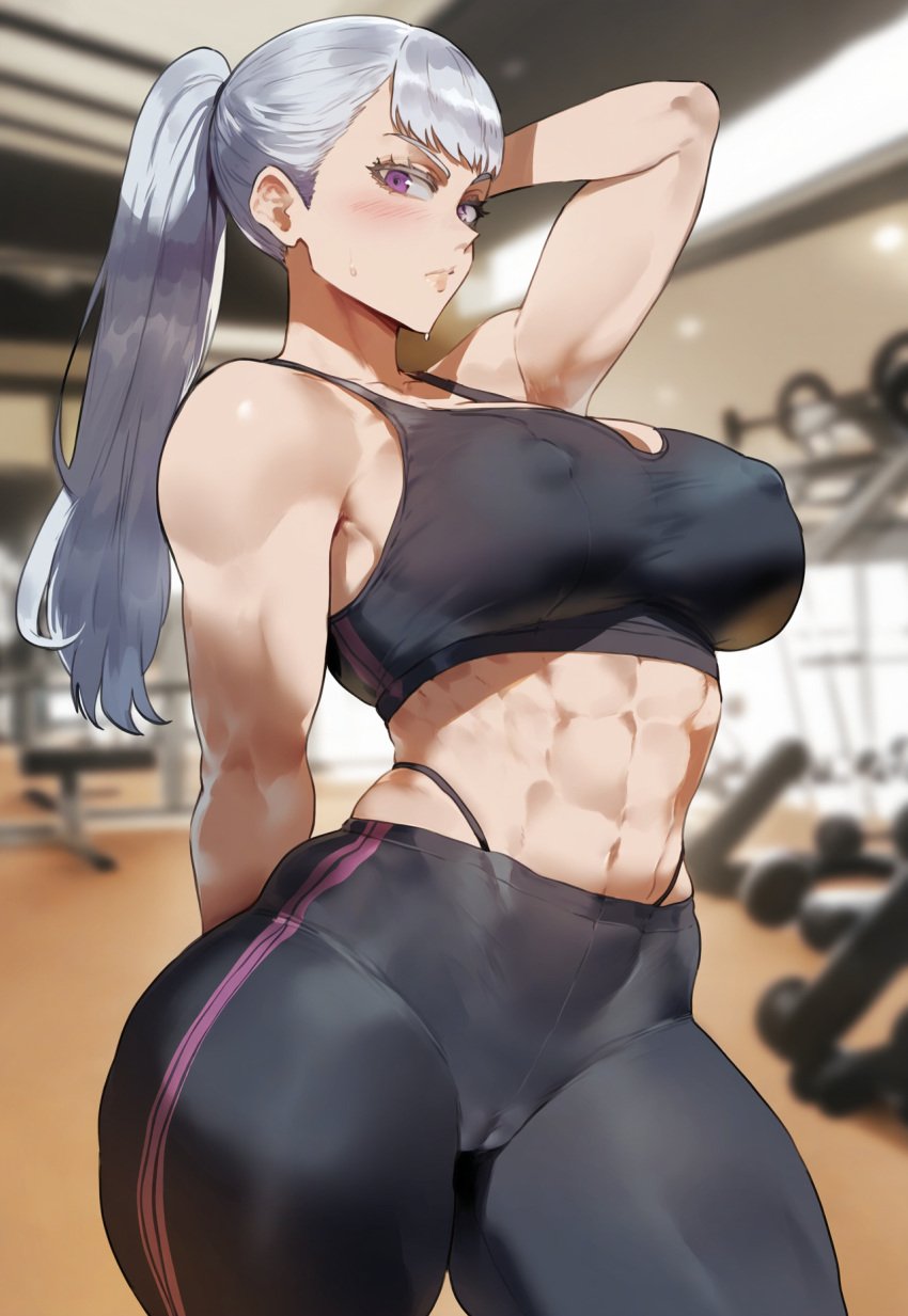 1girls absurd_res ai_generated big_breasts black_clover breasts cameltoe crop_top curvy female_focus gym gym_clothes hi_res hourglass_figure huge_breasts large_breasts leggings meiogun muscular muscular_female nipple_bulge noelle_silva ponytail purple_eyes silver_hair sports_bra sportswear thick_thighs thighs thong toned toned_female voluptuous