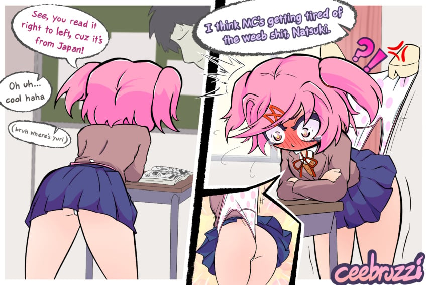 ?! anger_vein artist_name ass blue_skirt butt ceebruzzi doki_doki_literature_club english_text motion_lines natsuki_(doki_doki_literature_club) panties pink_hair polka_dot polka_dot_panties skirt text wedgie wedgied_female weeb