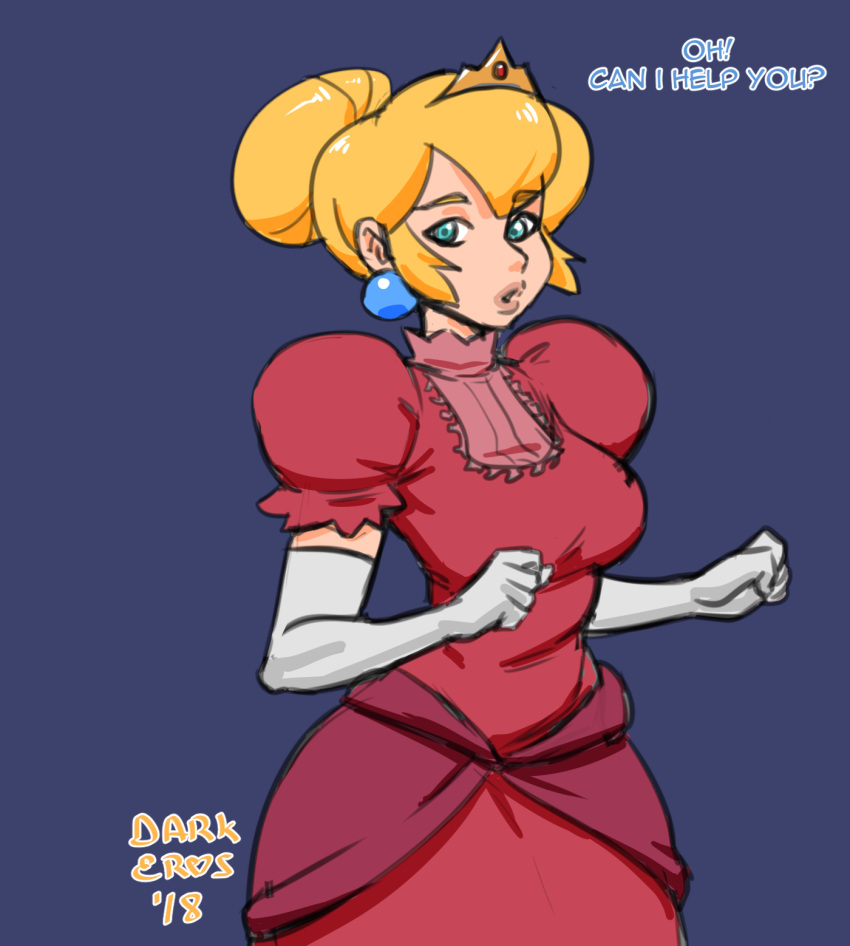 ! 1girls 2018 :o ? aqua_eyes blonde_hair blue_background breasts clothed clothing cowboy_shot darkeros13 dated dialogue dress earrings elbow_gloves english_text female female_only front_view gloves hair_bun highres human large_breasts looking_at_viewer mario_(series) nintendo png princess_dress princess_peach red_dress sidelocks signature simple_background solo standing text thedarkeros tiara tied_hair