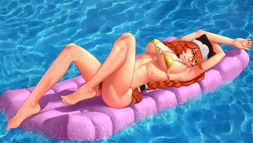 1female 1girls arms_up ass athletic_female bikini breasts cameltoe feet female_only grin hat inflatable_raft large_breasts leg_up long_hair lupusregina_beta micro_bikini midriff onlyours overlord_(maruyama) red_hair seductive sunbathing swimsuit teasing thighs toned underboob water yellow_eyes