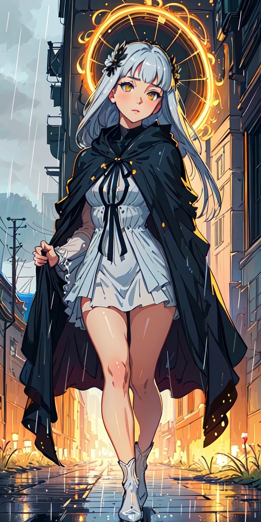 1girls ai_generated bangs bare_legs black_cape black_cloak black_ribbon blunt_bangs blush boots breasts building cape cloak closed_mouth cloud cloudy_sky dress flower full_body grey_hair hair_flower hair_ornament halo head_tilt hood hood_down hooded_cloak long_hair long_sleeves looking_at_viewer medium_breasts natsuyoru orange_eyes outdoors power_lines puddle rain reflection ribbon ripples road short_dress sky solo standing street thighs unnamed_character utility_pole walking wet white_dress white_footwear yellow_eyes