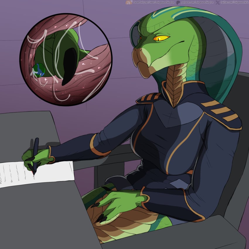 anthro bartucthebloody casual chair clothed clothing cringeworthington cum female genitals green_body macro masturbation micro paper paperwork pencil_(object) planet pussy pussy_juice reptile scales scalie sitting size_difference snake table writing yellow_eyes