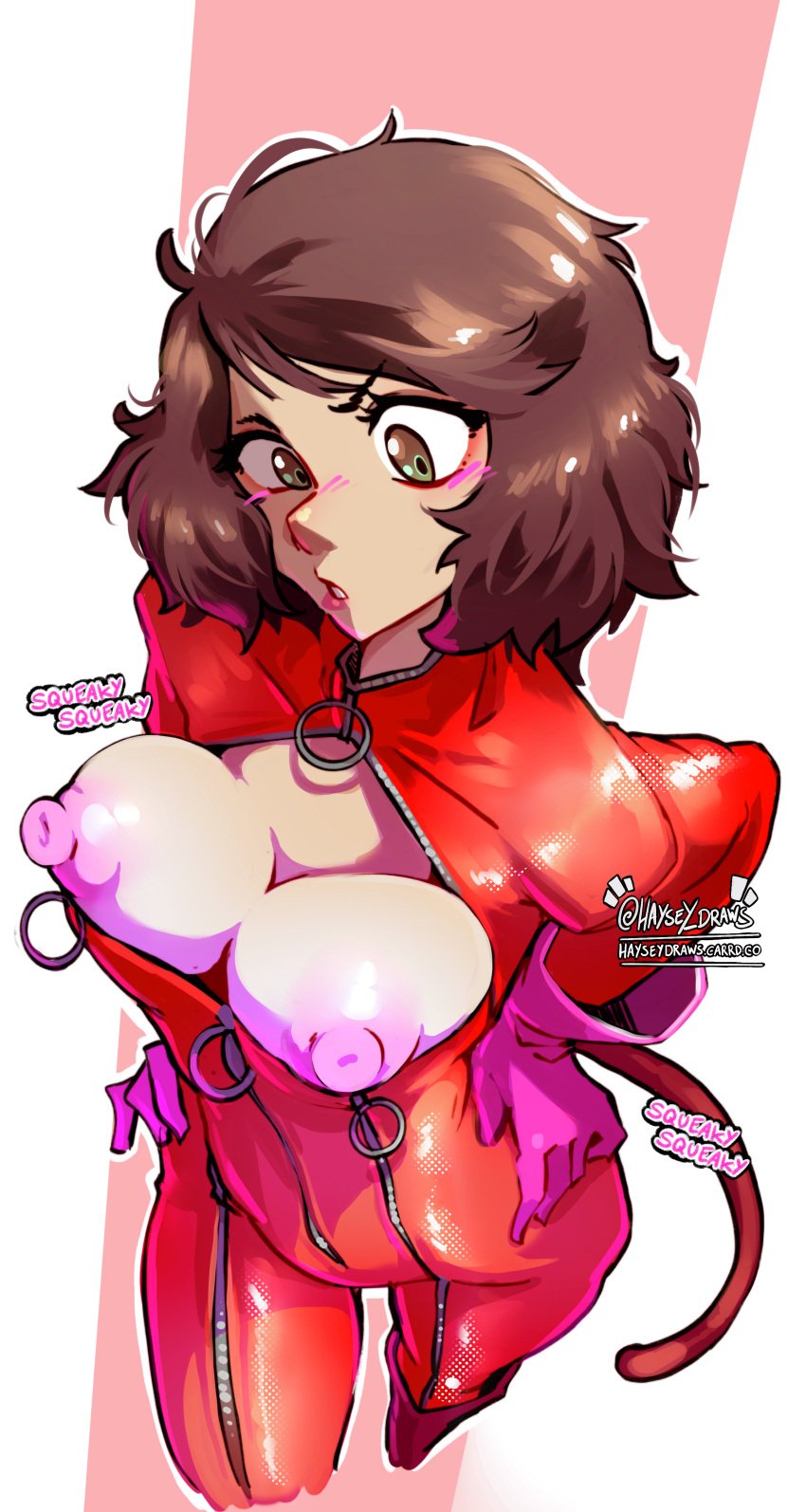 ann_takamaki_(cosplay) blush bodysuit breasts brown_eyes brown_hair cleavage clothing cosplay english_language english_text exposed_breasts female female_only gloves hands_on_hips haysey_draws large_breasts looking_at_viewer nipples persona persona_5 piercing sadayo_kawakami short_hair solo tail text wardrobe_malfunction zipper