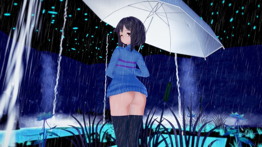 1girls 3d 3d_(artwork) 3d_model albyon ass ass_focus boots bottomless breasts brown_hair cave closed_eyes fanart female female_focus female_only flower focus frisk human inside legwear light-skinned_female light_skin lily_pad looking_at_viewer looking_back medium_breasts no_bra no_bra_under_clothes no_panties pussy raining red_eyes short_hair solo solo_female solo_focus standing stick stockings sweater tree trees umbrella underground undertale undertale_(series) vagina viewed_from_behind water waterfall white_body white_skin zukafu_shimoto