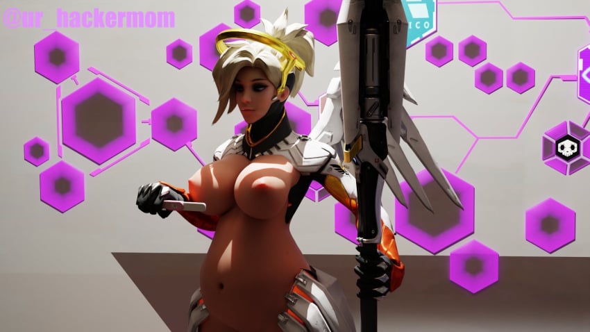 1girls 3d belly big_belly big_breasts blonde_hair breasts breasts_out female female_focus female_only highres large_breasts light-skinned_female light_skin mercy nipples overwatch overwatch_2 pregnancy_test pregnant solo standing tied_hair topless ur_hackermom