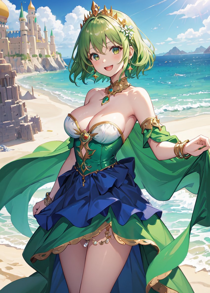 1girls :d ai_generated armlet bangs bare_shoulders beach blue_gemstone blue_sky blush bracelet breasts castle cleavage cloud collarbone cowboy_shot cutout_above_navel day detached_collar detached_sleeves dress earrings flower gem gold_trim green_cape green_dress green_eyes green_gemstone green_hair hair_flower hair_ornament jewelry large_breasts looking_at_viewer medium_breasts natsuyoru neck_ring ocean open_mouth outdoors sand sand_castle sand_sculpture shore short_hair skirt_hold sky smile solo standing strapless strapless_dress sunlight teeth thighlet thighs tiara unnamed_character upper_teeth_only water white_flower