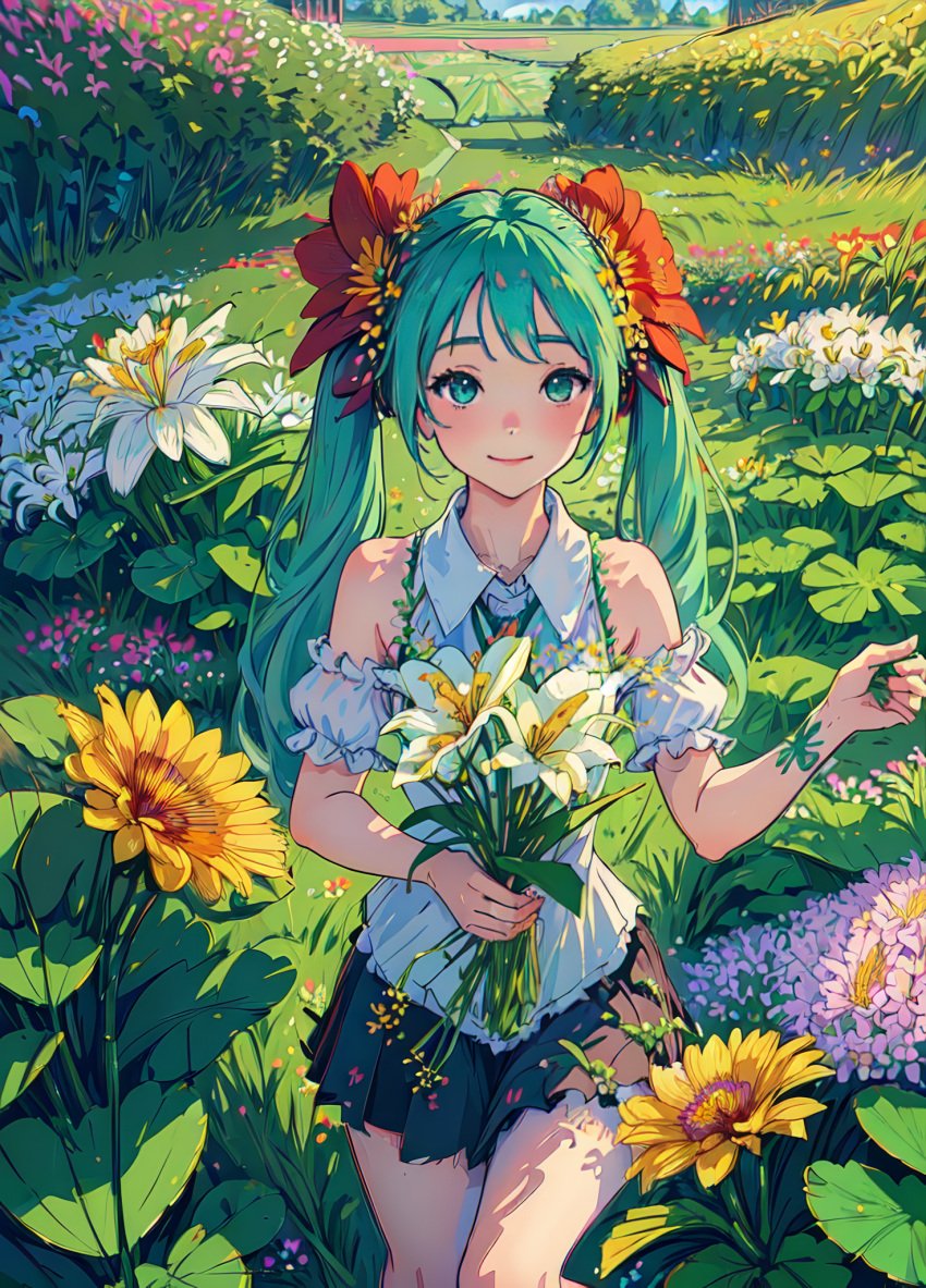 1girls ai_generated aqua_eyes aqua_hair aqua_necktie bangs bare_shoulders black_skirt blush bouquet bush closed_mouth collarbone collared_shirt cowboy_shot daisy dappled_sunlight day detached_sleeves feet_out_of_frame field fingernails flower flower_field frilled_shirt frilled_sleeves frills garden grass green_eyes green_flower green_hair green_necktie hair_flower hair_ornament holding holding_bouquet holding_flower hydrangea jewelry leaf lily_(flower) long_hair looking_at_viewer miniskirt nail_polish natsuyoru necktie orange_flower outdoors pink_flower plant pleated_skirt puffy_short_sleeves puffy_sleeves purple_flower red_flower shirt short_sleeves sitting skirt sleeveless sleeveless_shirt smile solo standing sunflower sunlight tree twintails unnamed_character very_long_hair white_flower white_lily white_shirt yellow_flower