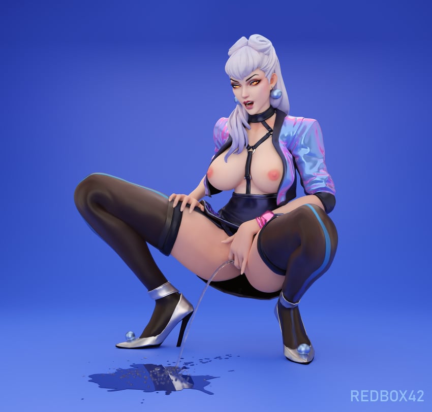 3d breasts breasts_out evelynn female_only high_heels jacket k/da_all_out_evelynn k/da_all_out_series k/da_series league_of_legends looking_at_viewer nipples open_mouth peeing pissing redbox42 simple_background sitting skirt spread_legs stockings urination urine white_hair yellow_eyes