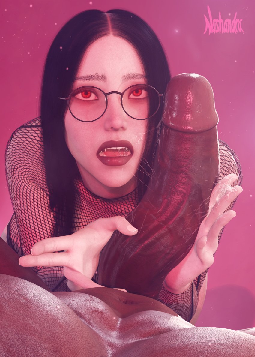 3d 3d_(artwork) black_hair blender cock_worship dark-skinned_male glasses huge_cock interracial nashandra_nosferatu nashandraffxiv pale-skinned_female pale_skin red_eyes vampire vampire_fangs vampire_girl