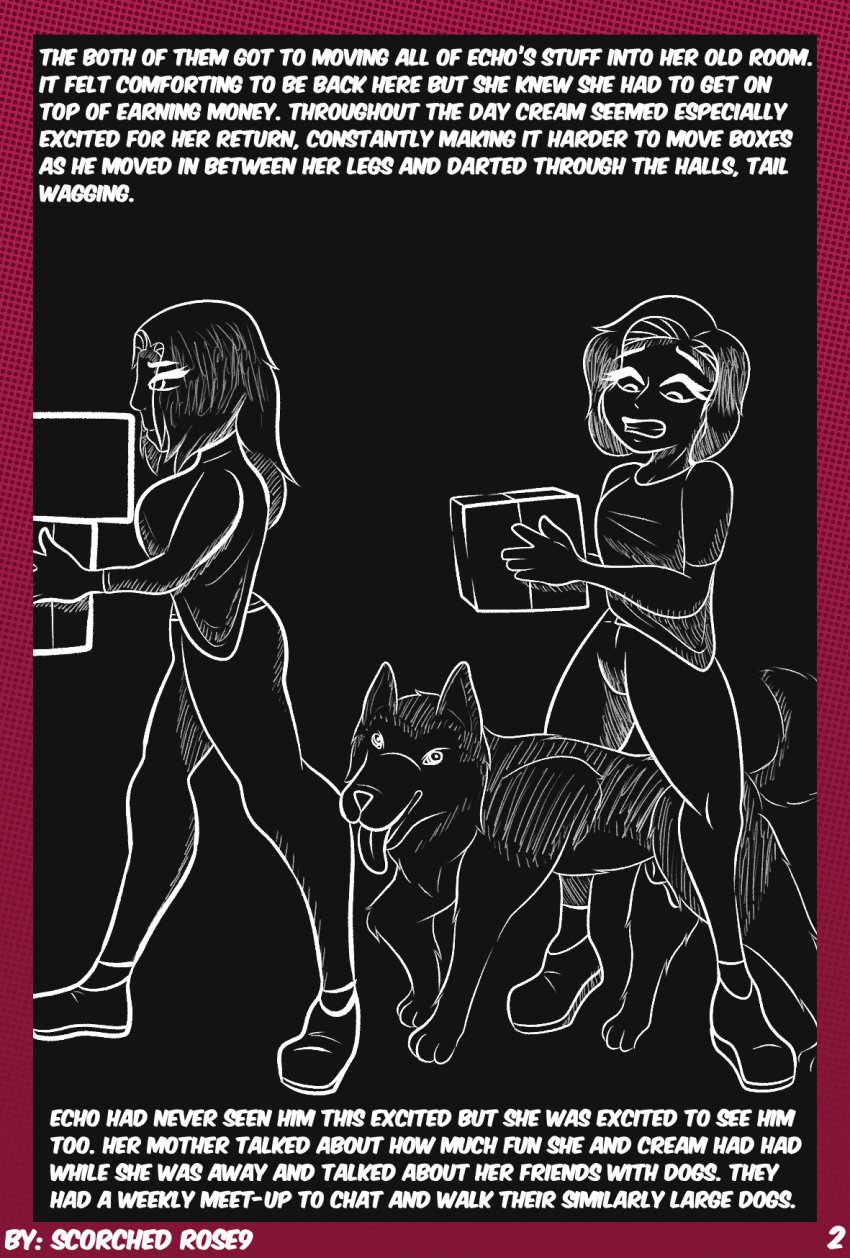 animal_genitalia balls black_and_white canid canine canis clothing comic cream_filled_(comic) domestic_dog echo_(cream_filled) english_text female feral fully_sheathed genitals group hi_res human husky leggings legwear male male/female mammal monochrome moving_boxes nordic_sled_dog scorchedrose9_(artist) sheath spitz sweater text topwear trio