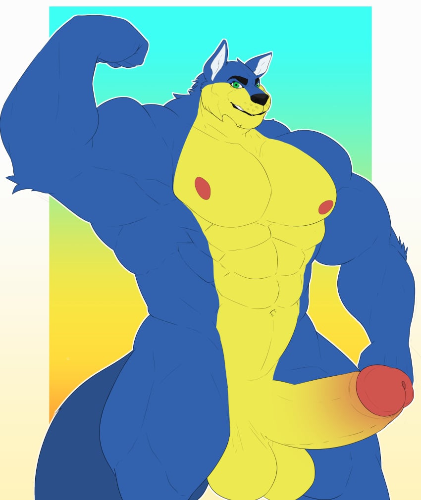 abs balls blue_and_yellow_fur boner breasts flexing green_eyes hoozuki muscles muscular_furry pecs penis silentknightowl wolf