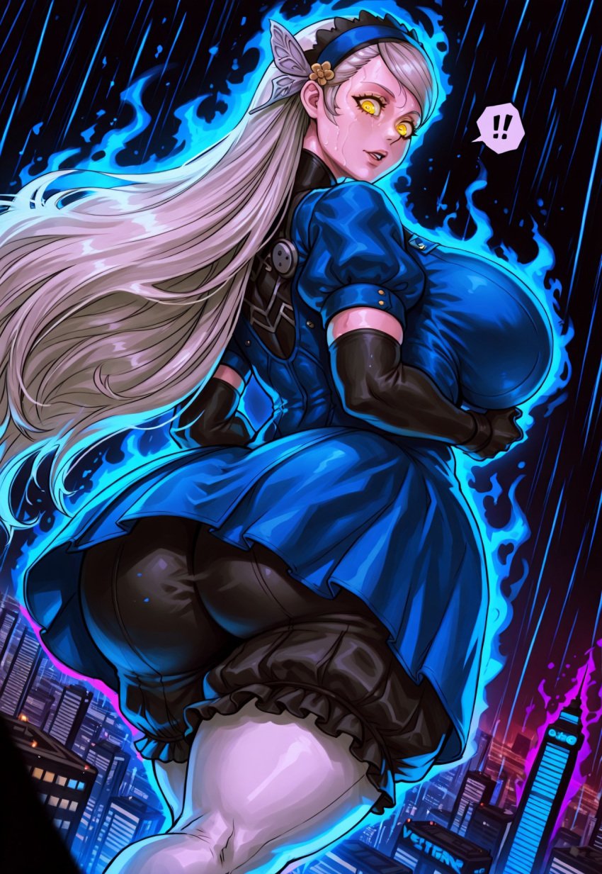 absurd_res ai_assisted ai_generated atlus back_view big_breasts bloomers blue_dress city city_background cityscape civitai elbow_gloves giantess growth hair_ornament huge_ass lavenza long_hair macro_female macrophilia megami_tensei neon_lights pantyhose persona persona_5 platinum_blonde_hair puffy_sleeves raining tall_female thick_thighs video_game_character wide_hips yellow_eyes