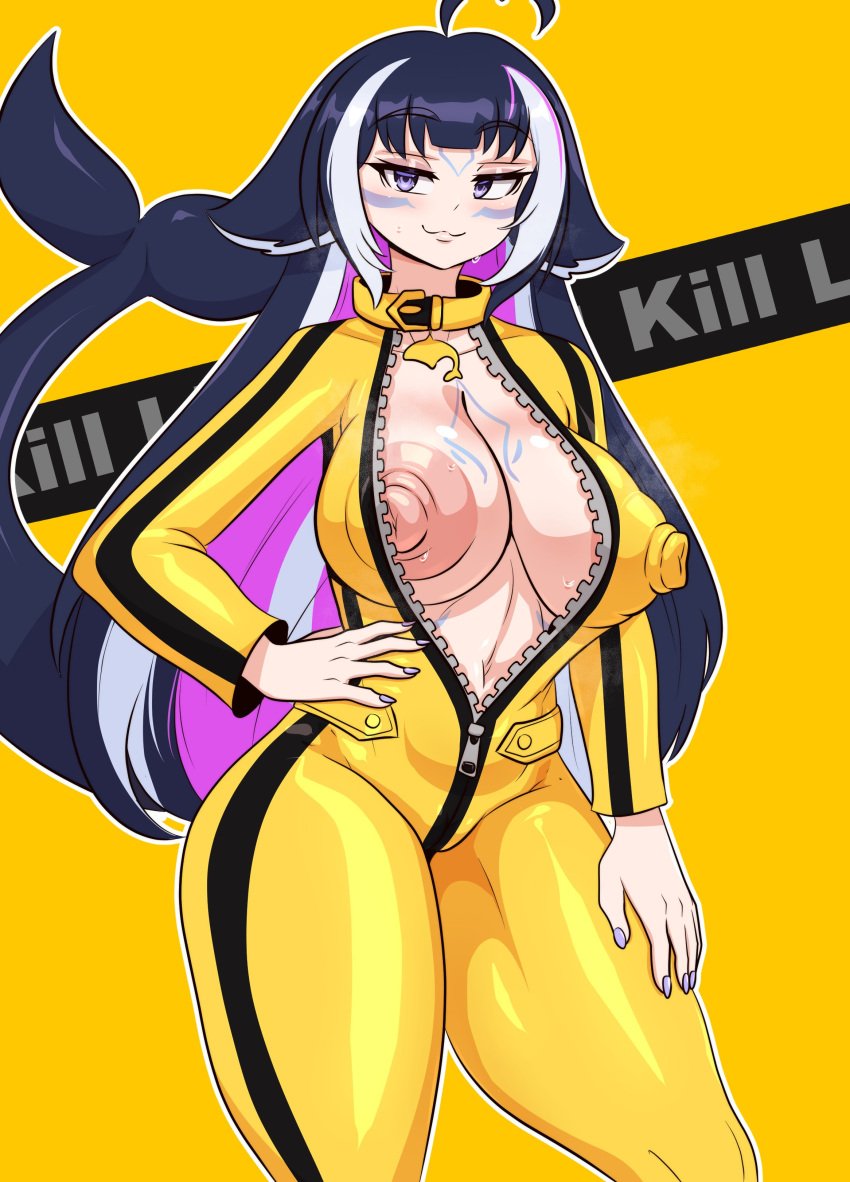 1girls areola belly_button black_hair bodysuit breasts eyebrows_visible_through_hair female female_only huge_breasts indie_virtual_youtuber kinathefox light-skinned_female light_skin looking_at_viewer nipple nipple_bulge orca_girl orca_tail purple_eyes purple_nails shylily shylily_(kill_lil) solo tail two_tone_hair unzipped unzipped_bodysuit virtual_youtuber white_hair yellow_bodysuit