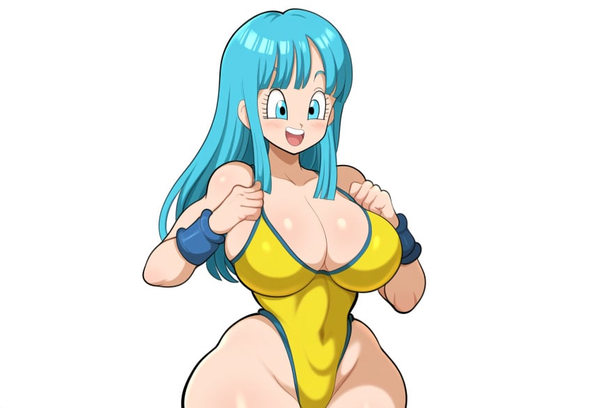 1girls ai_generated blue_eyes blue_hair curvy dragon_ball dragon_ball_z female maron mullon swimsuit voluptuous voluptuous_female wide_hips