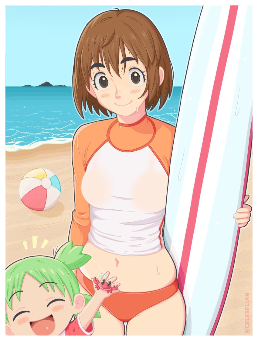 ayase_fuuka beach belly_button bikini bra celebelian chubby looking_at_viewer midriff outdoors outside smile thick_thighs thigh_gap thighs wet_clothes yotsuba&! yotsuba_koiwai