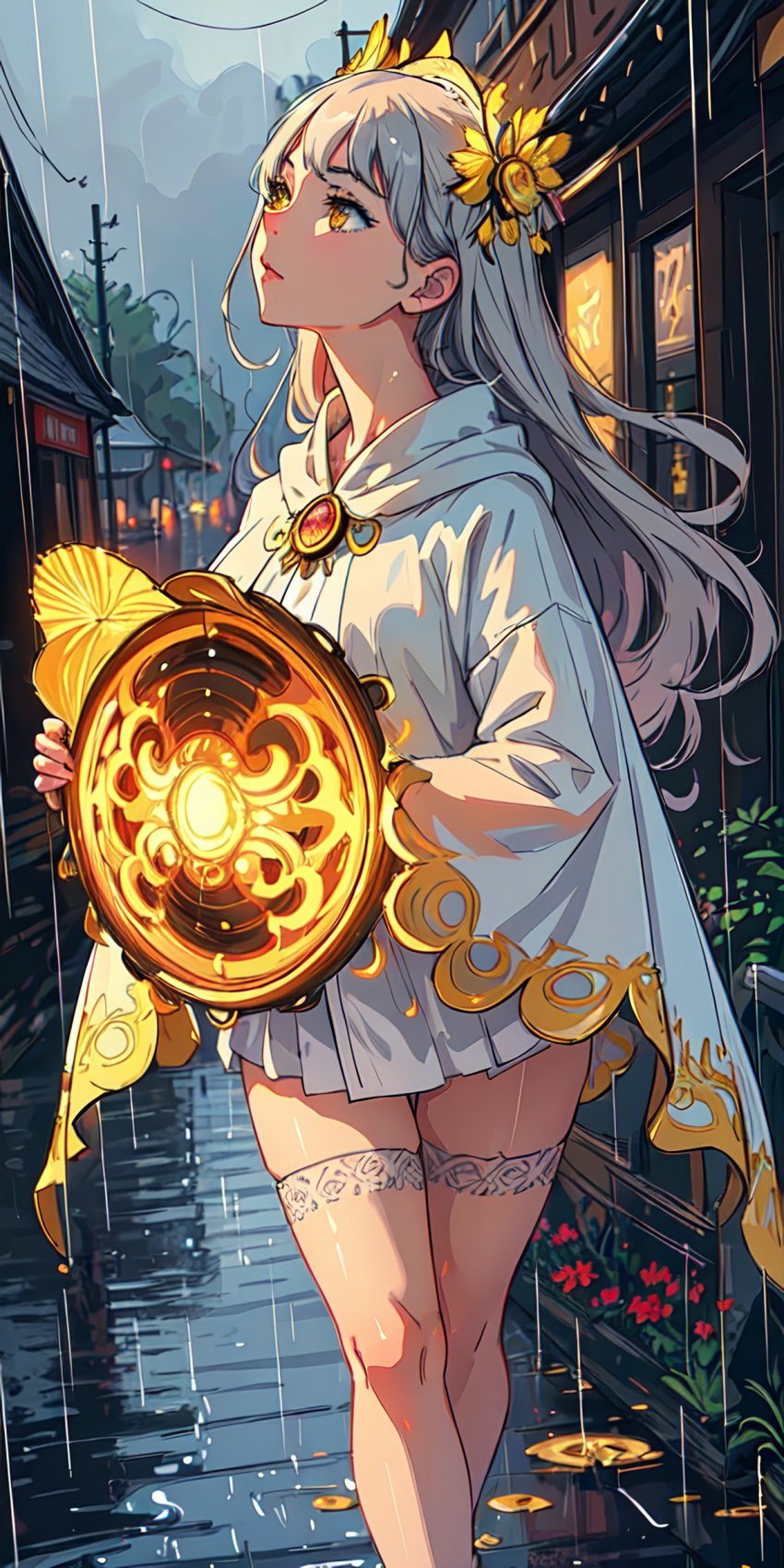 1girls ai_generated bangs brooch building cape cloak closed_mouth cloud cloudy_sky dress feet_out_of_frame flower gem gold gold_trim grey_hair grey_sky hair_flower hair_ornament holding hood hood_down house jewelry leaf lips long_hair long_sleeves looking_away looking_up miniskirt mole natsuyoru outdoors overcast parted_lips pleated_skirt rain red_gemstone reflection ripples road short_dress skirt sky solo standing street sunflower thighhighs thighs unnamed_character walking water water_drop wet white_cape white_cloak white_dress white_skirt white_thighhighs wide_sleeves yellow_eyes yellow_flower zettai_ryouiki