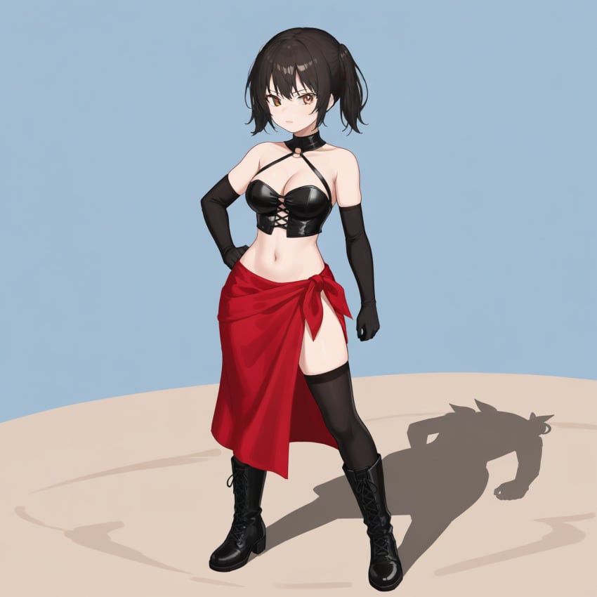 1girls ai_generated black_hair bra choker dark_hair female female_only lace_trim light_skin long_gloves medium_breasts medium_hair midriff navel oc original original_character sarong self_upload shoulders skirt slim slim_waist smooth_skin solo solo_female solo_focus standing thighhighs twintails