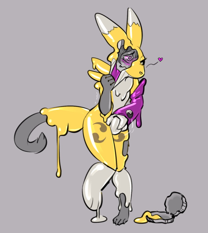 2018 anthro aviv_amos banderi bulge canine digimon digimon_(species) fur goo_transformation grey_background grey_fur grey_hair hair heart hi_res hypnosis liquid_latex male male_only mammal marsupial mind_control nude quoll renamon rubber shiny simple_background solo transformation