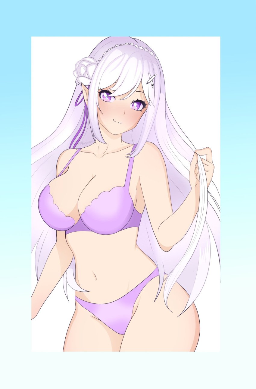 ass big_breasts bra emilia_(re:zero) female female hair_ornament huge_ass krejzart lingerie lingerie_bra lingerie_only lingerie_panties panties purple_bra purple_eyes purple_panties purple_underwear re:zero_kara_hajimeru_isekai_seikatsu silver_hair thick_thighs thighs underwear white_hair