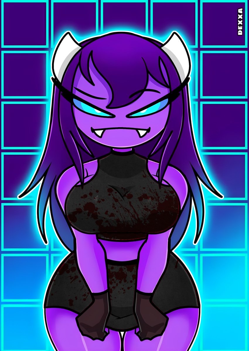 black_clothes blood_on_clothing blue_eyes easy_demon geometry_dash horror purple_hair purple_skin