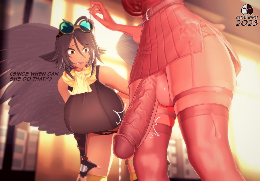 2girls 3d 3d_(artwork) balls big_balls big_cock big_penis bird bird_girl clothed_female clothing cock cute_birdd dickgirl futanari huge_cock imminent_rape imminent_sex koikatsu leaking_cum monster_girl slime slime_girl tagme veiny_penis watermark wings