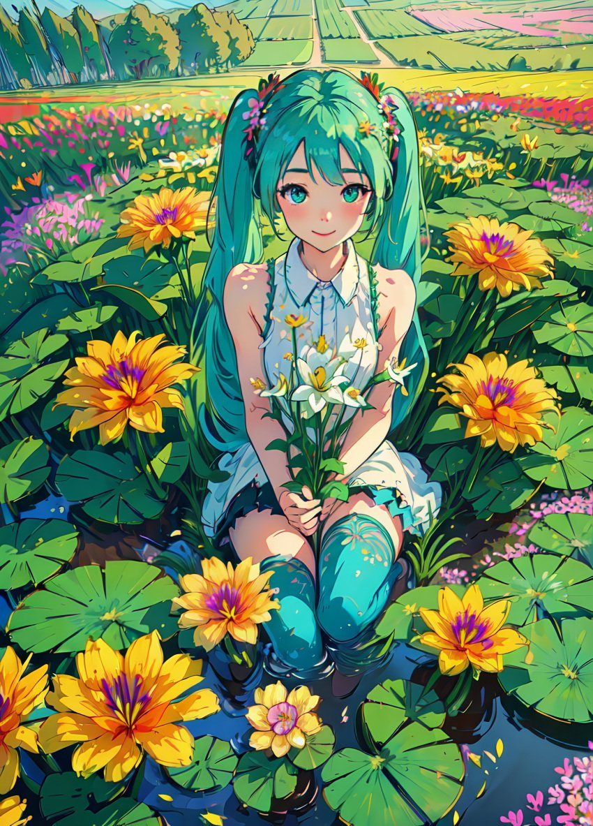 1girls ai_generated aqua_eyes aqua_hair aqua_necktie bangs bare_arms bare_shoulders black_skirt blue_eyes blue_thighhighs blush breasts closed_mouth collared_dress collared_shirt daisy day dress field flower flower_field frilled_shirt frills full_body grass green_hair hair_flower hair_ornament holding holding_bouquet holding_flower leaf lily_(flower) lily_pad long_hair looking_at_viewer meadow miniskirt natsuyoru nature necktie orange_flower outdoors petals pink_flower pleated_skirt pond purple_flower red_flower ripples river shirt sitting skirt sky sleeveless sleeveless_dress sleeveless_shirt smile soaking_feet solo straight-on thighhighs tree twintails unnamed_character very_long_hair water white_dress white_flower white_shirt yellow_flower zettai_ryouiki