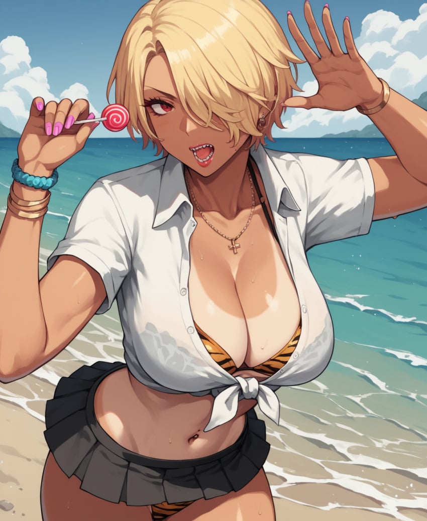 ai_generated ariels beach bracelet guilty_gear guilty_gear_strive gyaru lollipop mayihavesomeslops miniskirt tanline tied_shirt tiger_print tiger_print_bikini