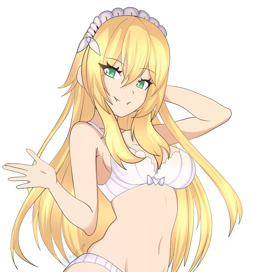 blonde_female blonde_hair frederica_baumann green_eyes hair_ornament krejzart lingerie lingerie_bra lingerie_only lingerie_panties maid maid_headdress re:zero_kara_hajimeru_isekai_seikatsu sharp_teeth very_long_hair white_bra white_panties