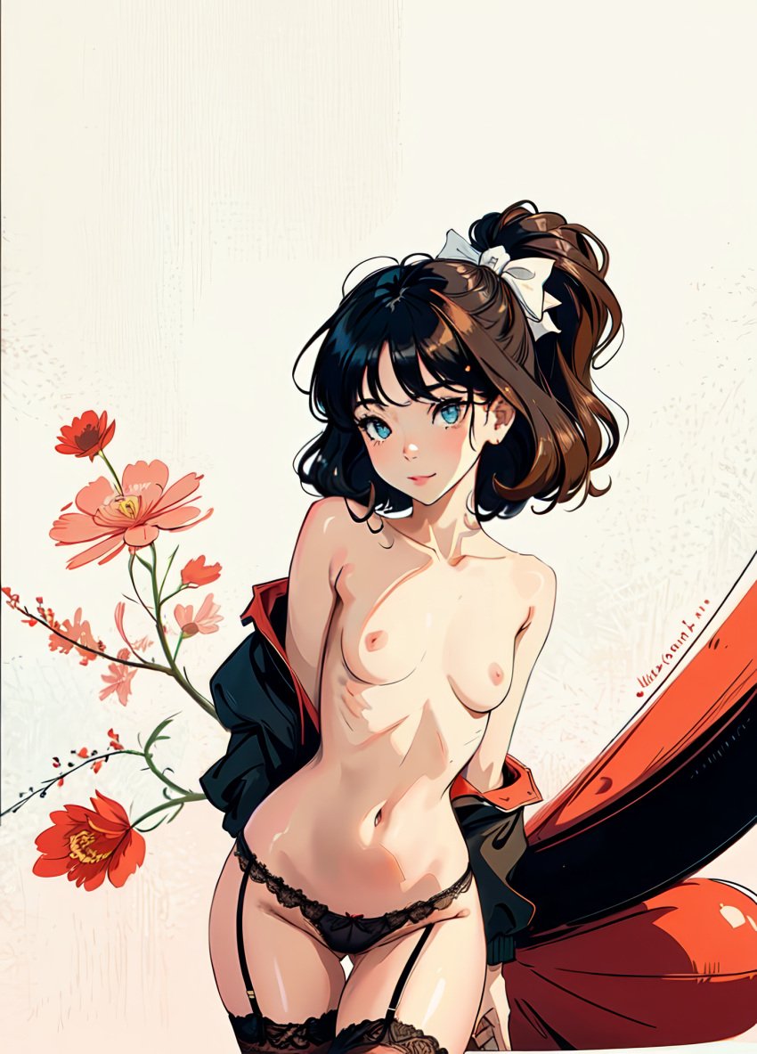 1girls ai_generated arm_behind_back arms_behind_back ass_visible_through_thighs bangs bare_shoulders black_hair black_jacket black_panties black_thighhighs blue_eyes blush bow breasts brown_hair closed_mouth clothes_down collarbone cowboy_shot floral_background flower garter_belt garter_straps groin hairbow high_ponytail jacket lace-trimmed_panties lace_trim long_hair looking_at_viewer makeup medium_hair natsuyoru navel nipples no_bra off_shoulder open_clothes panties pink_flower ponytail red_flower ribbon ribs simple_background skinny small_breasts smile solo standing stomach thigh_gap thighhighs topless underwear unnamed_character white_bow