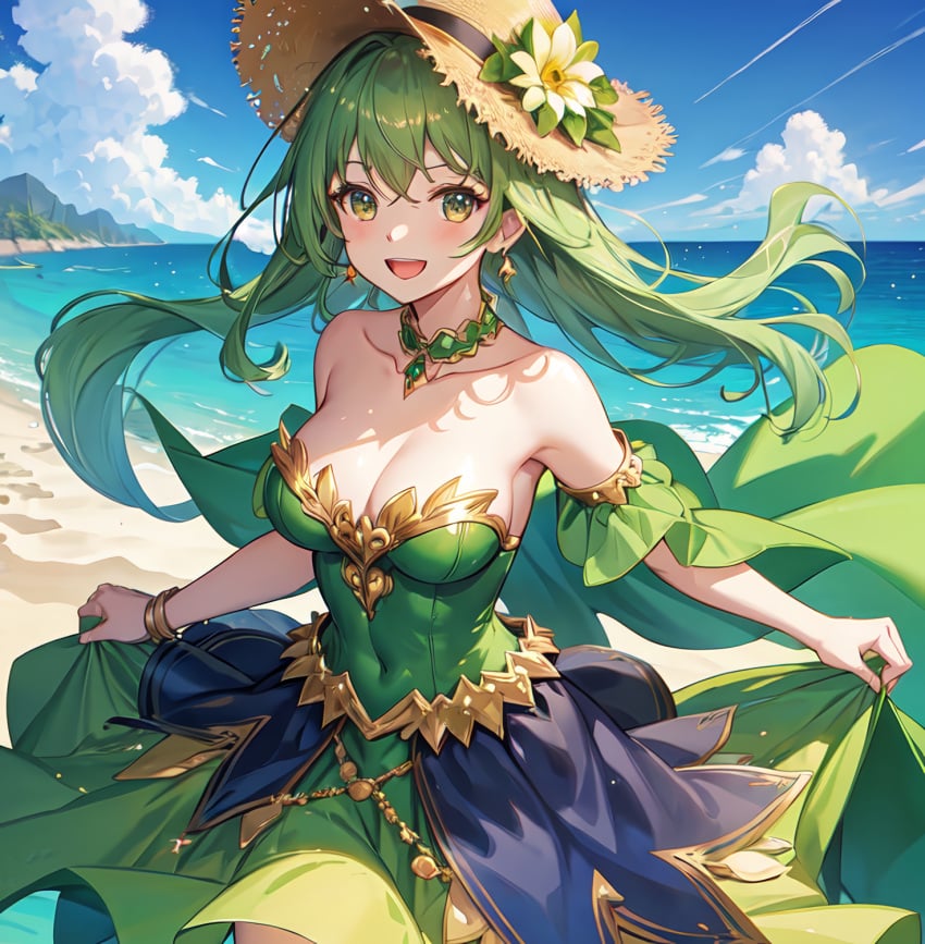 1girls :d ai_generated armlet bangs bare_shoulders beach big_eyes blue_sky blush bracelet breasts brown_headwear choker clavicle cleavage cloud collarbone covered_navel cowboy_shot crossed_bangs day detached_sleeves dress earrings floating_hair flower front_view gold_trim green_choker green_clothing green_dress green_eyes green_gemstone green_hair green_sleeves green_theme hair_between_eyes hat hat_flower headwear jewelry lagoon large_breasts light-skinned_female light_skin long_hair looking_at_viewer medium_breasts natsuyoru neck_ring ocean open_mouth outdoors outside sand sea short_sleeves shoulders skirt skirt_hold sky smile solo solo_focus standing strapless strapless_dress straw_hat summer sun_hat teeth unnamed_character upper_teeth_only water white_flower