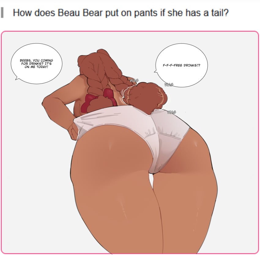 1girls ass bear_ears bear_girl bear_tail beau_(luxurias) brown_hair dialogue english_text female female_only hair_ribbon hi_res long_hair luxurias panties rear_view solo speech_bubble tail_wagging text thick_thighs thigh_gap twintails ursid ursid_humanoid viewed_from_below white_background